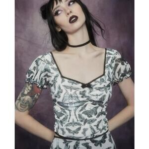 Dolls Kill Whimsigoth Puff Sleeve Moth Print Mesh Crop Top Small Dark Coquette